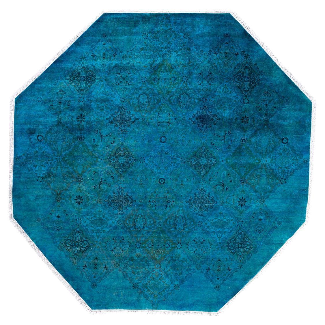 Contemporary Overdyed Hand Knotted Wool Blue Octagon Area Rug 7' 1" x 7' 1"