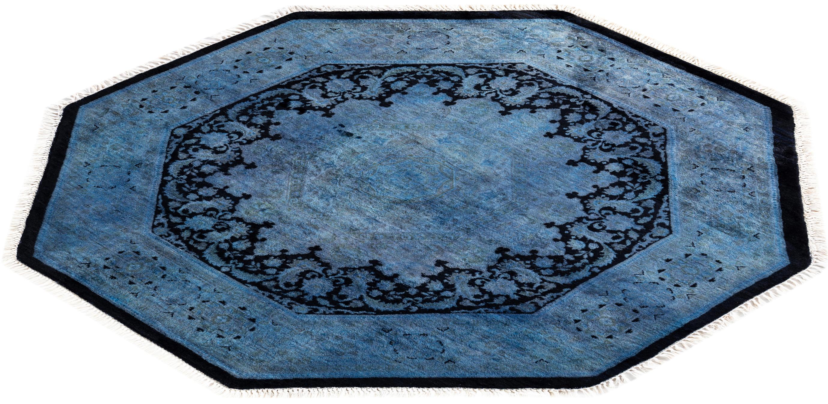 Contemporary Overdyed Hand Knotted Wool Blue Octagon Area Rug For Sale 4