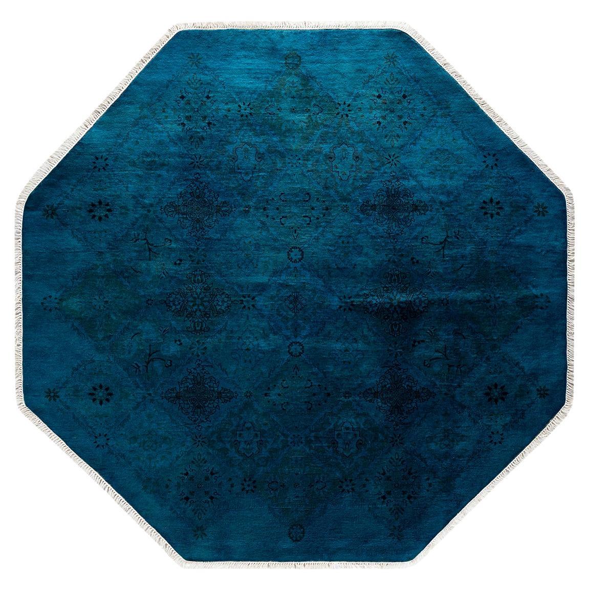 Contemporary Overdyed Hand Knotted Wool Blue Octagon Area Rug For Sale