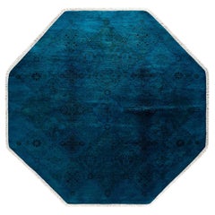 Antique Contemporary Overdyed Hand Knotted Wool Blue Octagon Area Rug