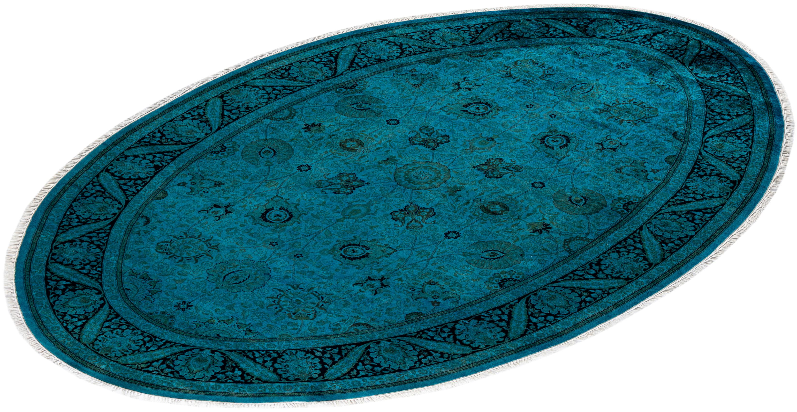 Contemporary Overdyed Hand Knotted Wool Blue Oval Area Rug For Sale 4