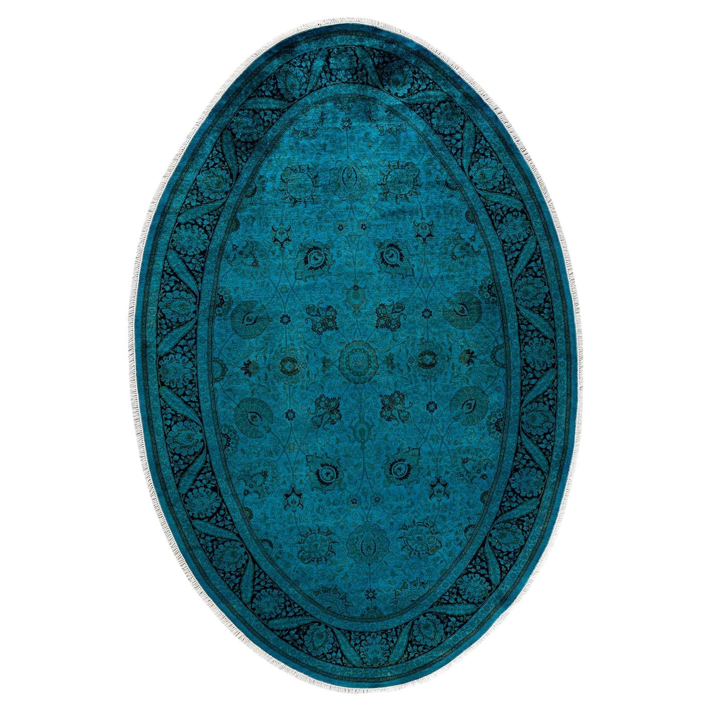 Contemporary Overdyed Hand Knotted Wool Blue Oval Area Rug For Sale