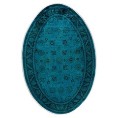 Contemporary Overdyed Hand Knotted Wool Blue Oval Area Rug