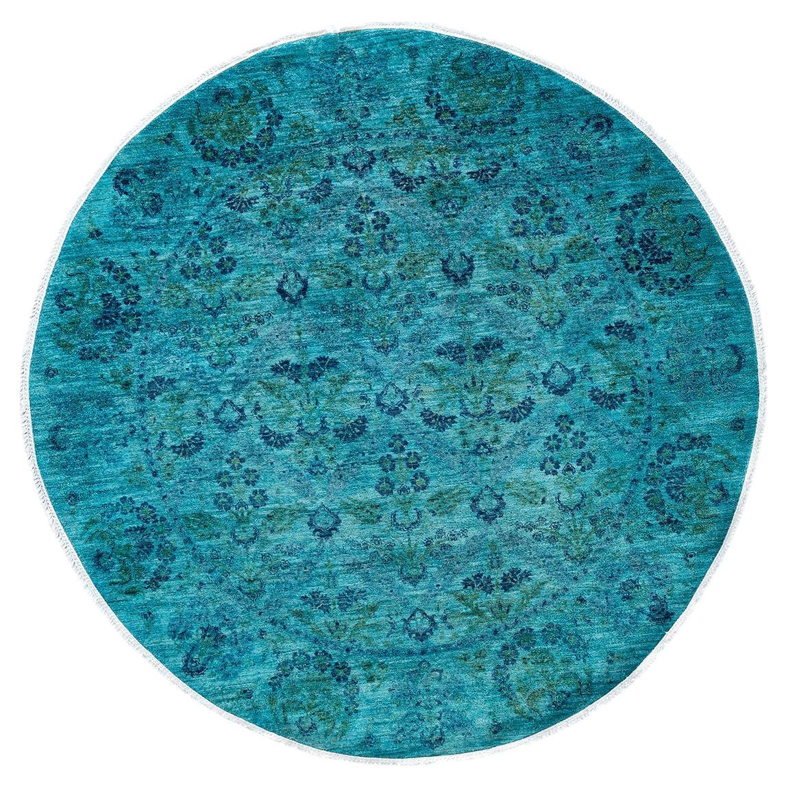 Alfombra redonda contemporánea de lana teñida a mano azul 1,80 x 1,80 cm en venta