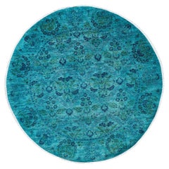 Zeitgenössische Overdyed handgeknüpfte Wolle blau runden Bereich Teppich 6' 1" x 6' 1"