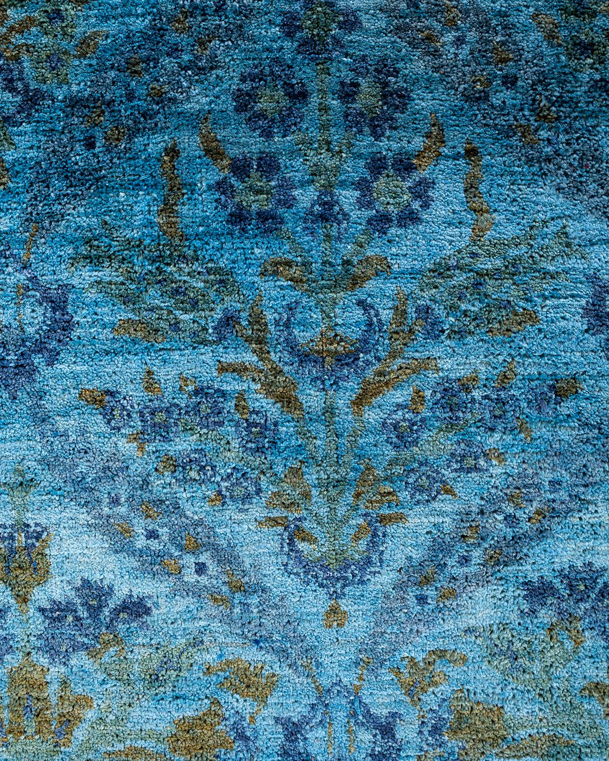 Pakistani Contemporary Overdyed Hand Knotted Wool Blue Round Area Rug For Sale