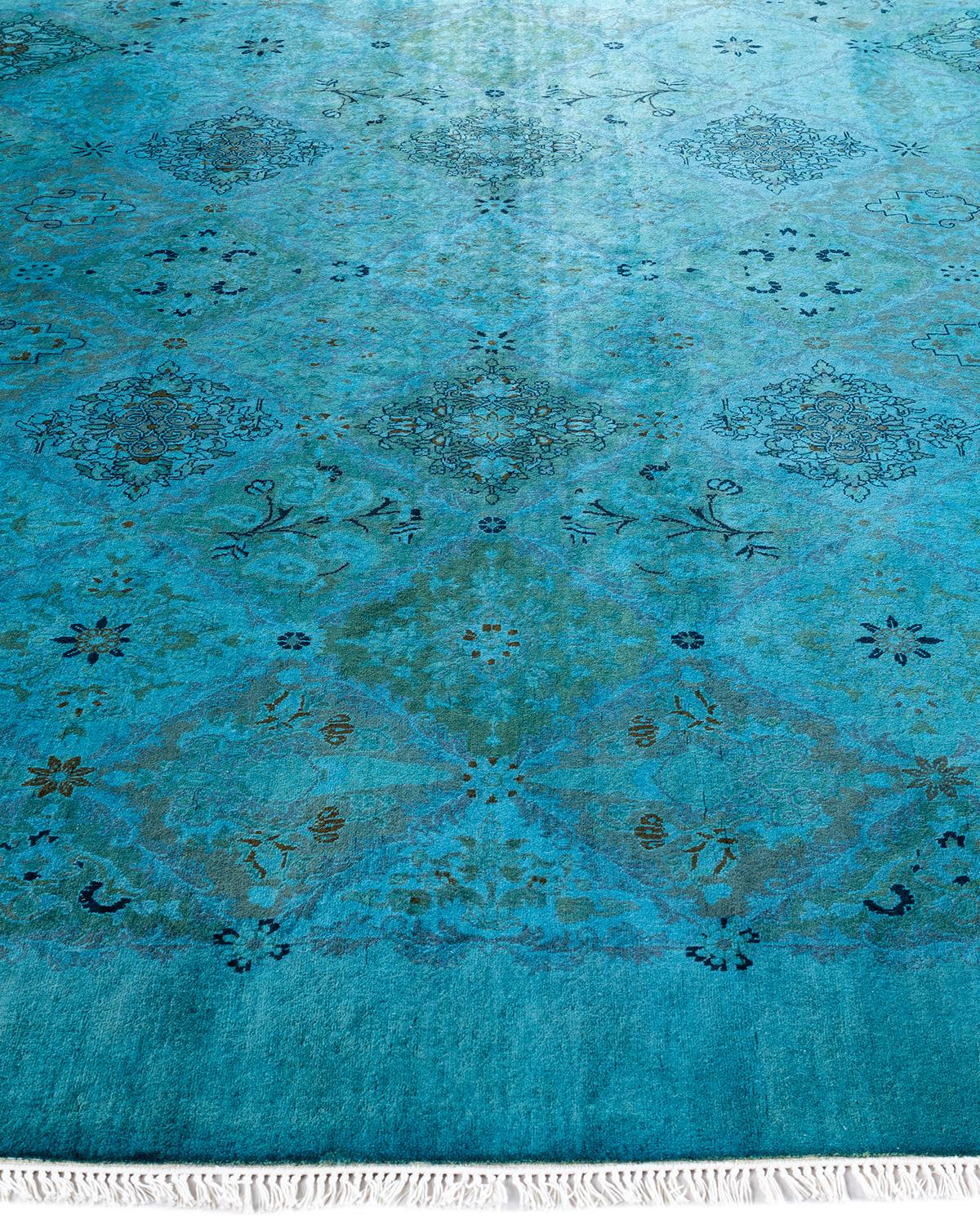 Contemporary Overdyed Hand Knotted Wool Blue Octagon Area Rug In New Condition For Sale In Norwalk, CT