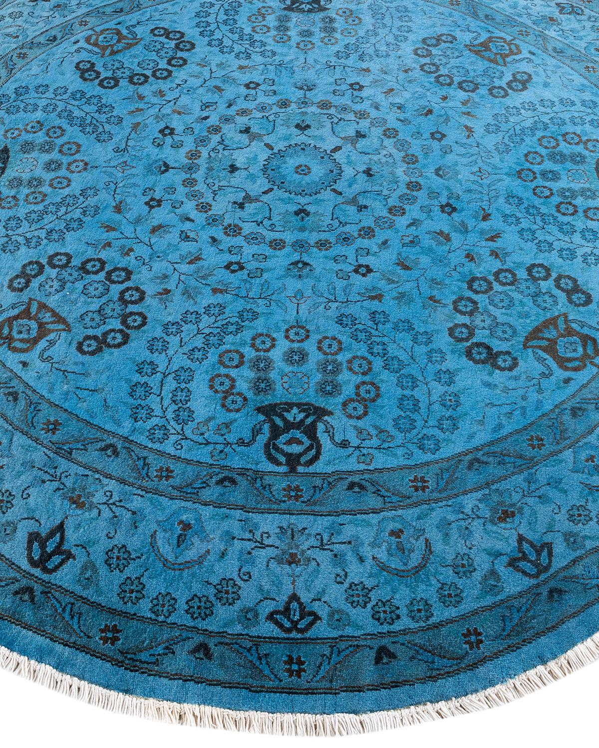 Contemporary Overdyed Hand Knotted Wool Blue Round Area Rug In New Condition For Sale In Norwalk, CT