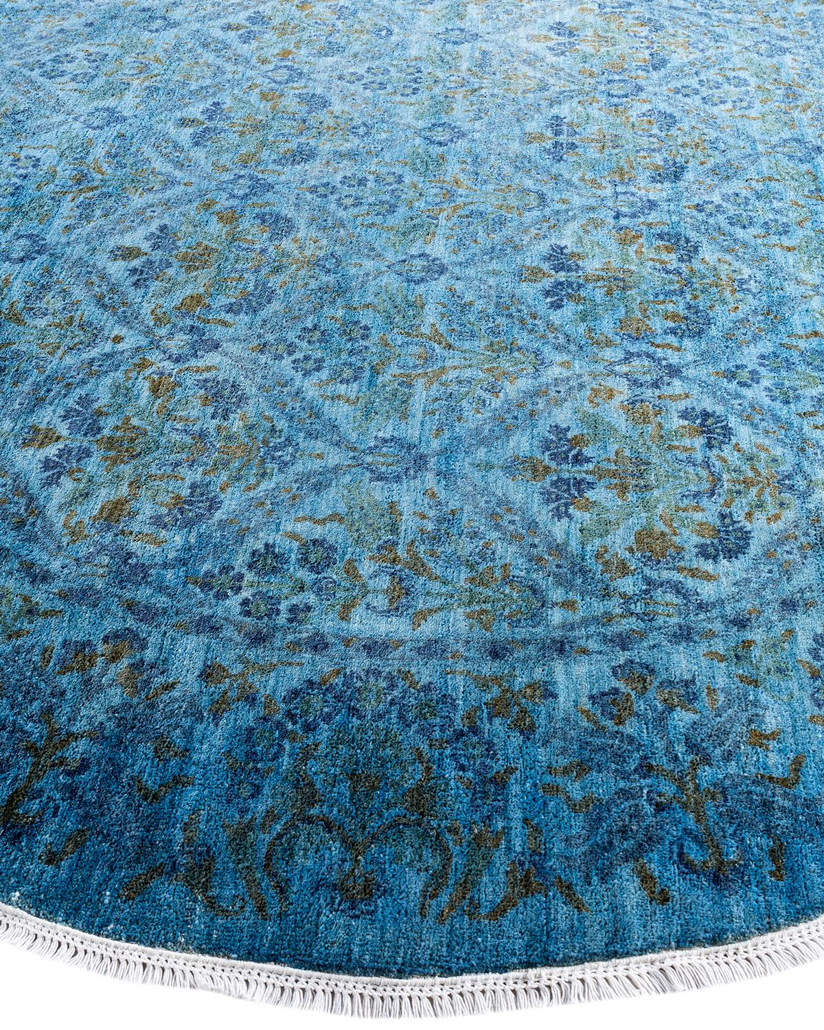 Contemporary Overdyed Hand Knotted Wool Blue Round Area Rug In New Condition For Sale In Norwalk, CT