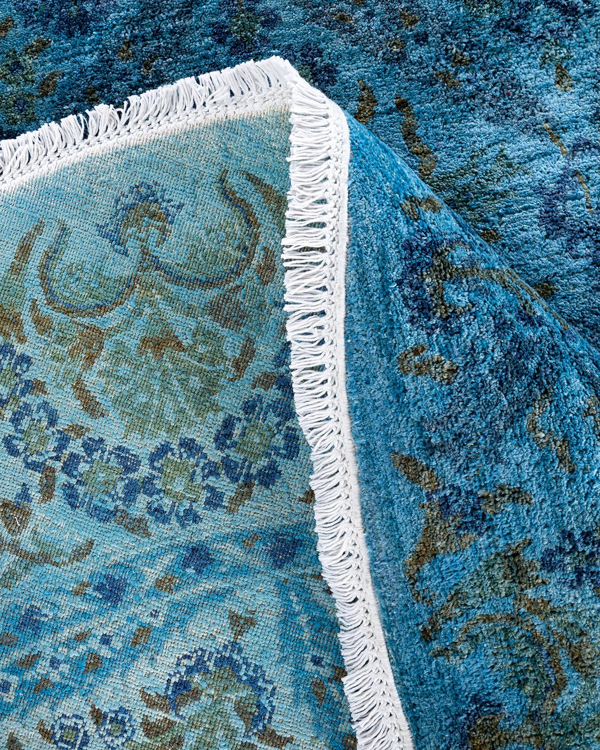 Contemporary Overdyed Hand Knotted Wool Blue Round Area Rug For Sale 2
