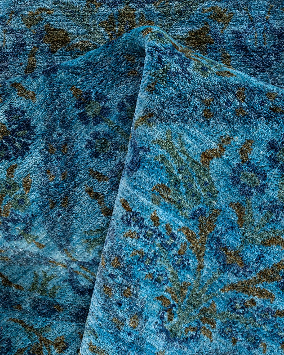 Contemporary Overdyed Hand Knotted Wool Blue Round Area Rug For Sale 3