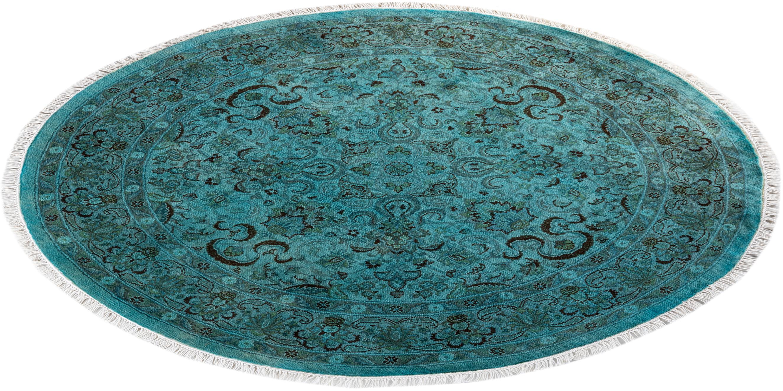 Contemporary Overdyed Hand Knotted Wool Blue Round Area Rug For Sale 4