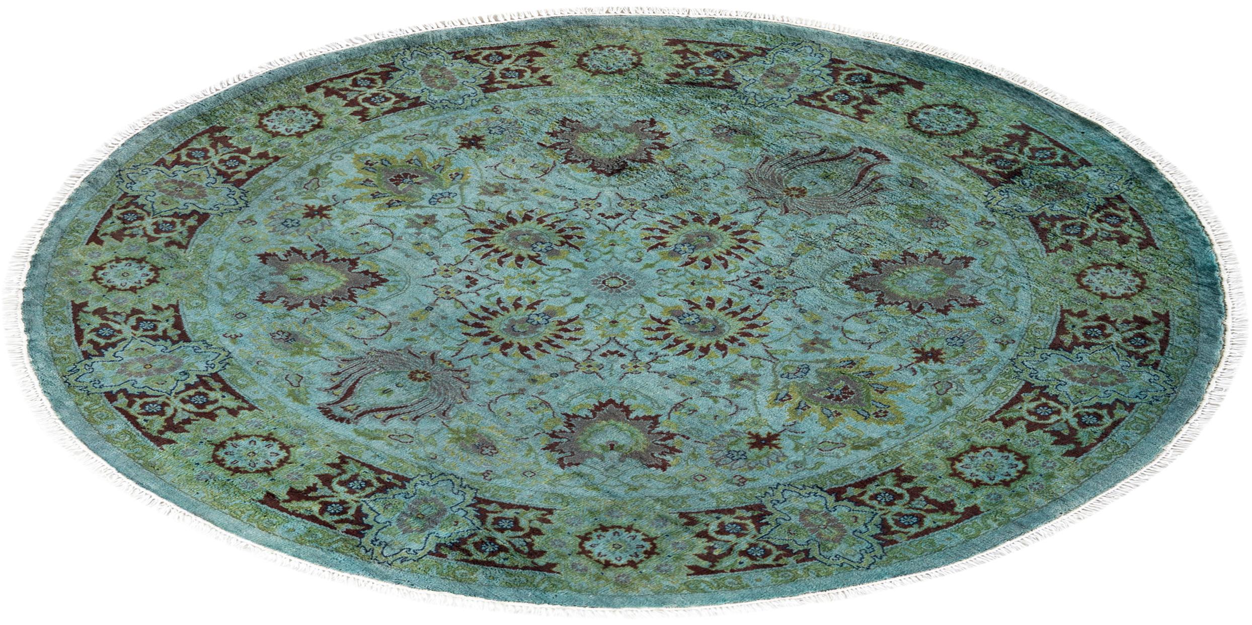 Contemporary Overdyed Hand Knotted Wool Blue Round Area Rug For Sale 4