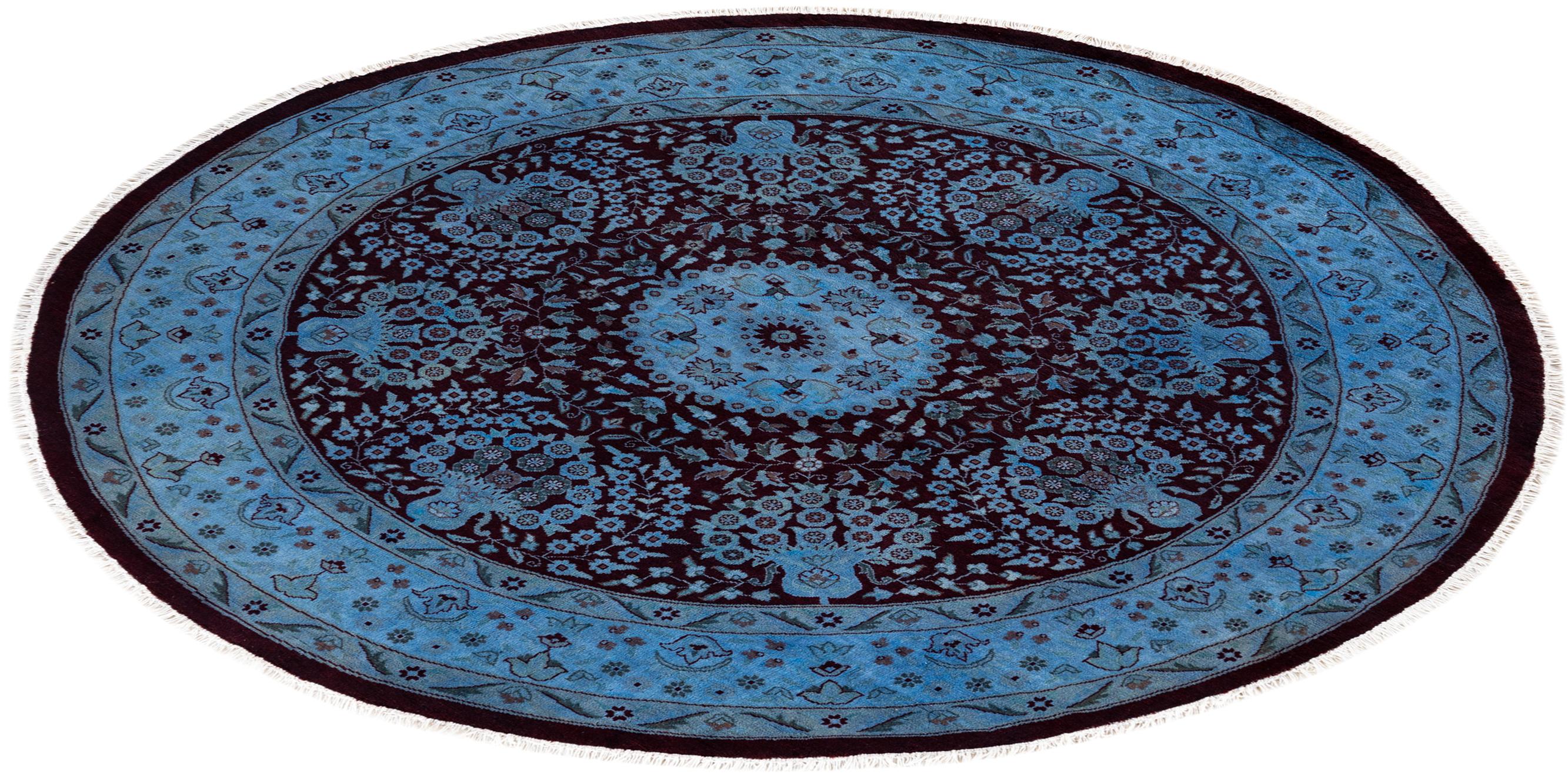 Contemporary Overdyed Hand Knotted Wool Blue Round Area Rug im Angebot 2