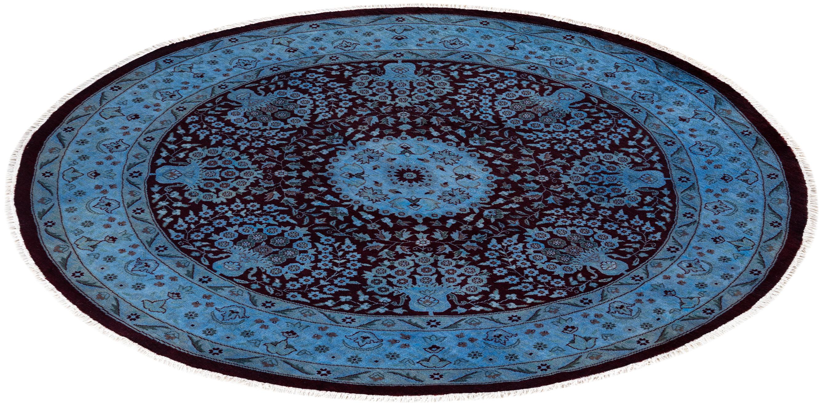 Contemporary Overdyed Hand Knotted Wool Blue Round Area Rug For Sale 4