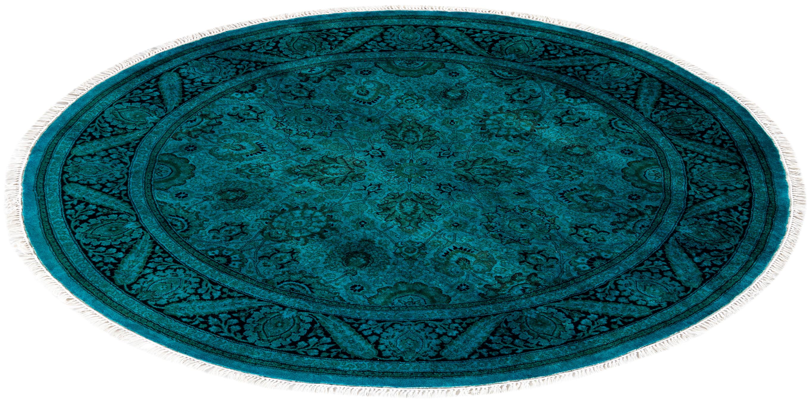 Contemporary Overdyed Hand Knotted Wool Blue Round Area Rug For Sale 4