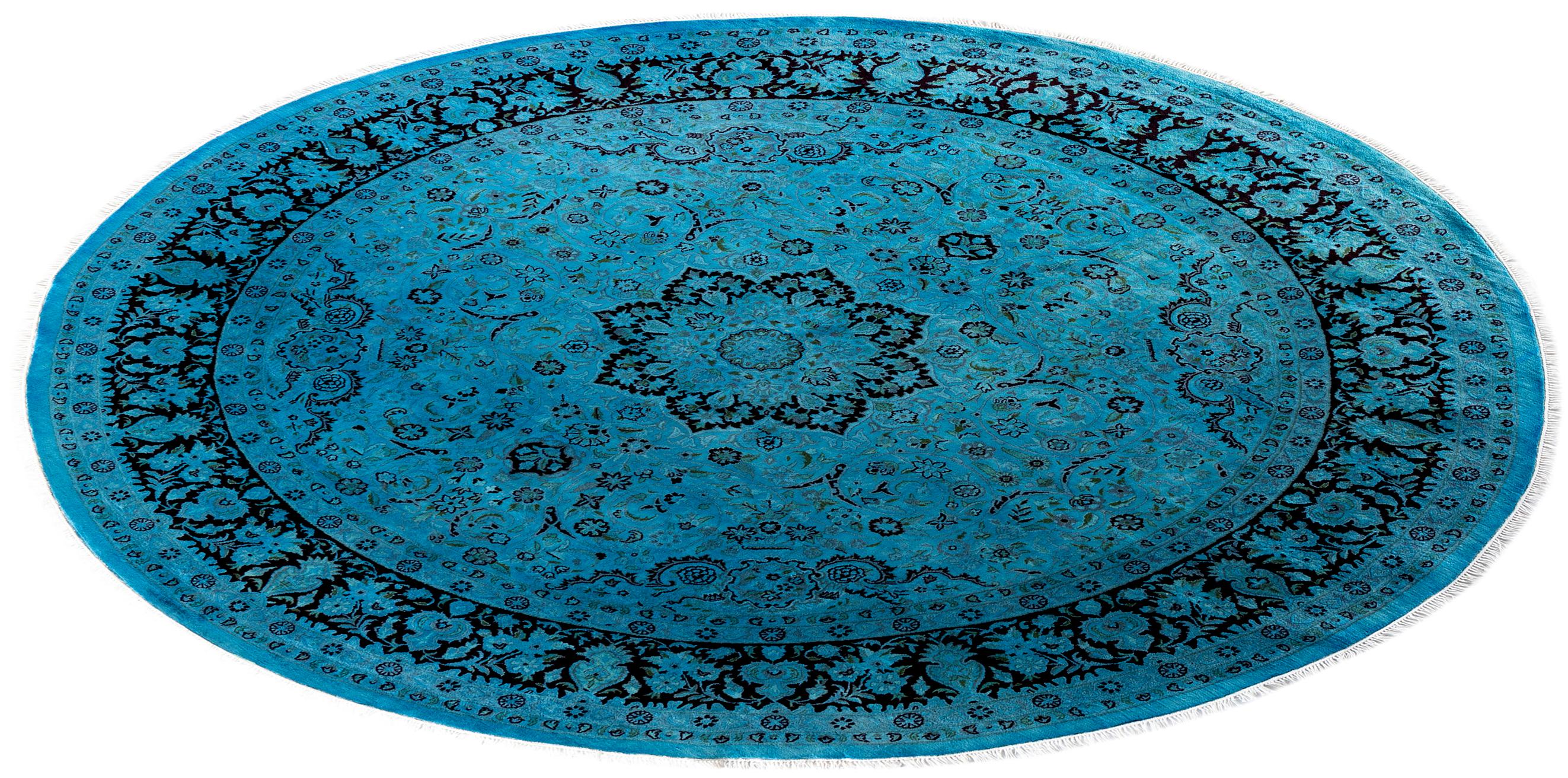 Contemporary Overdyed Hand Knotted Wool Blue Round Area Rug For Sale 4