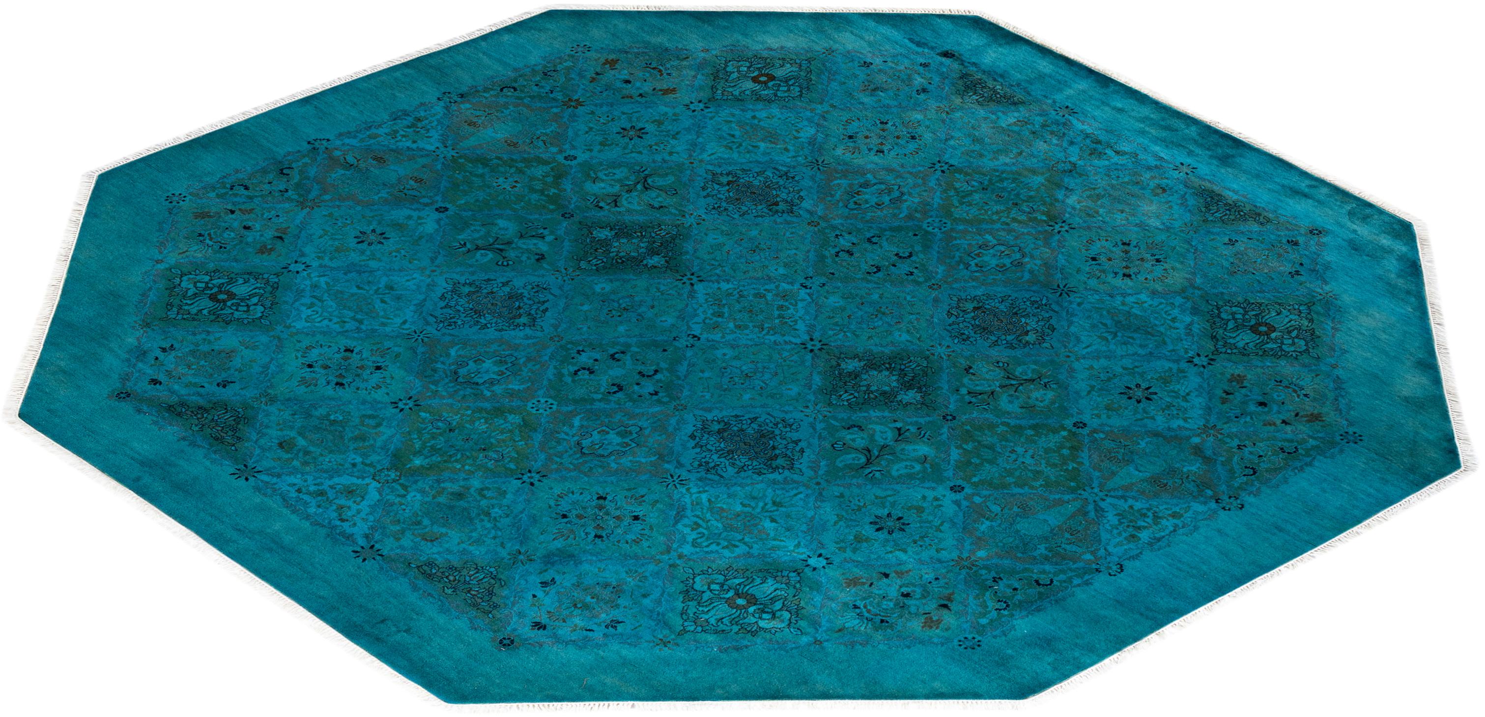 Contemporary Overdyed Hand Knotted Wool Blue Octagon Area Rug For Sale 4