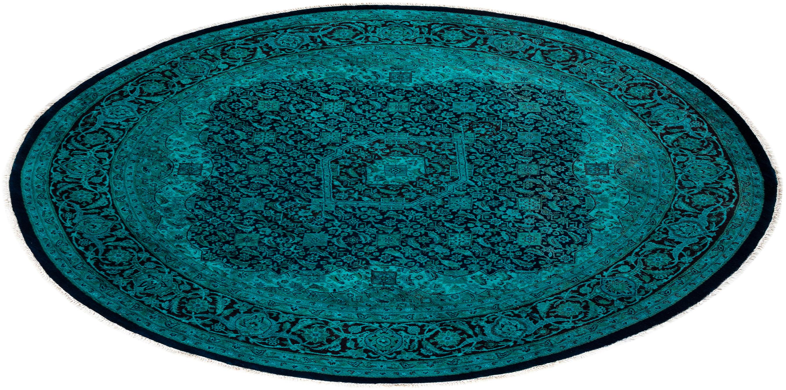 Contemporary Overdyed Hand Knotted Wool Blue Round Area Rug im Angebot 2