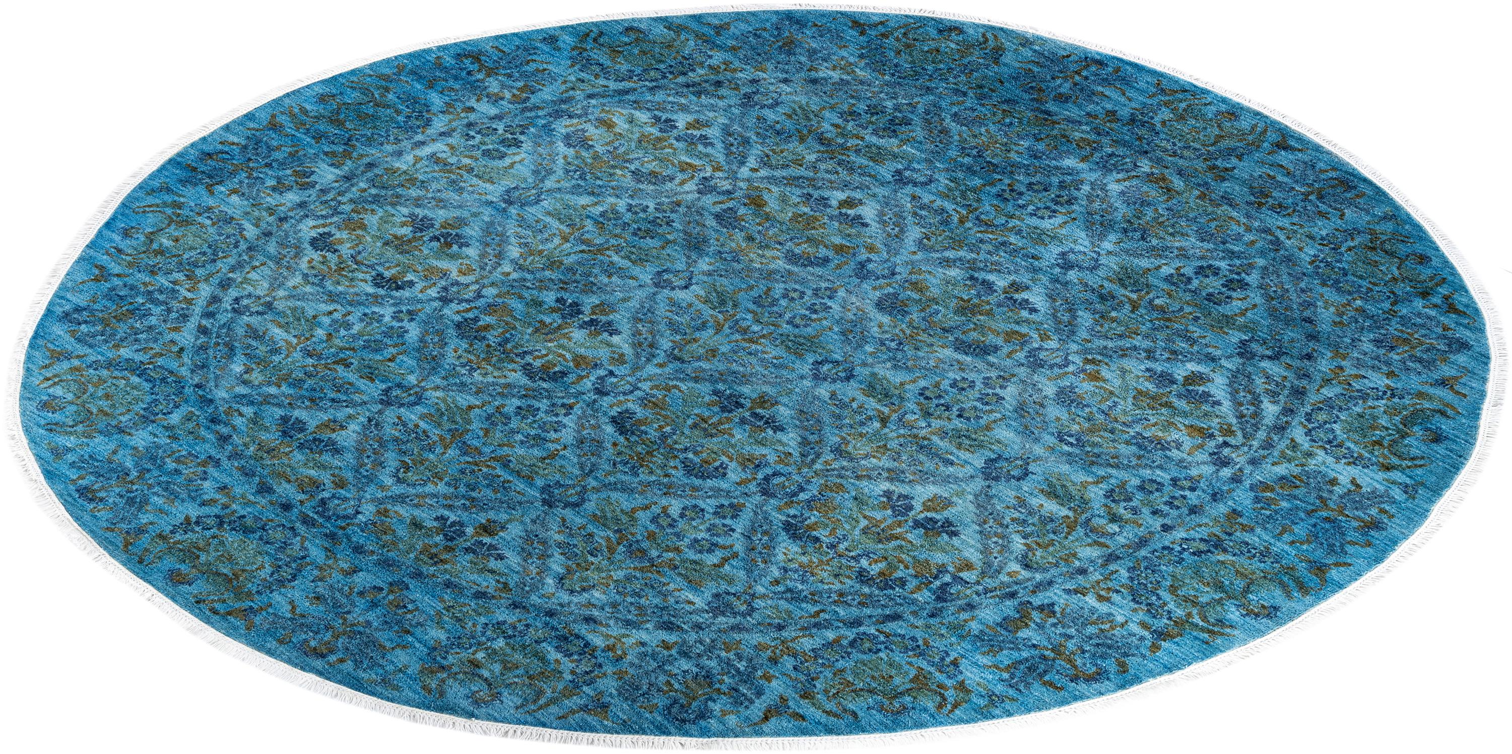 Contemporary Overdyed Hand Knotted Wool Blue Round Area Rug For Sale 4
