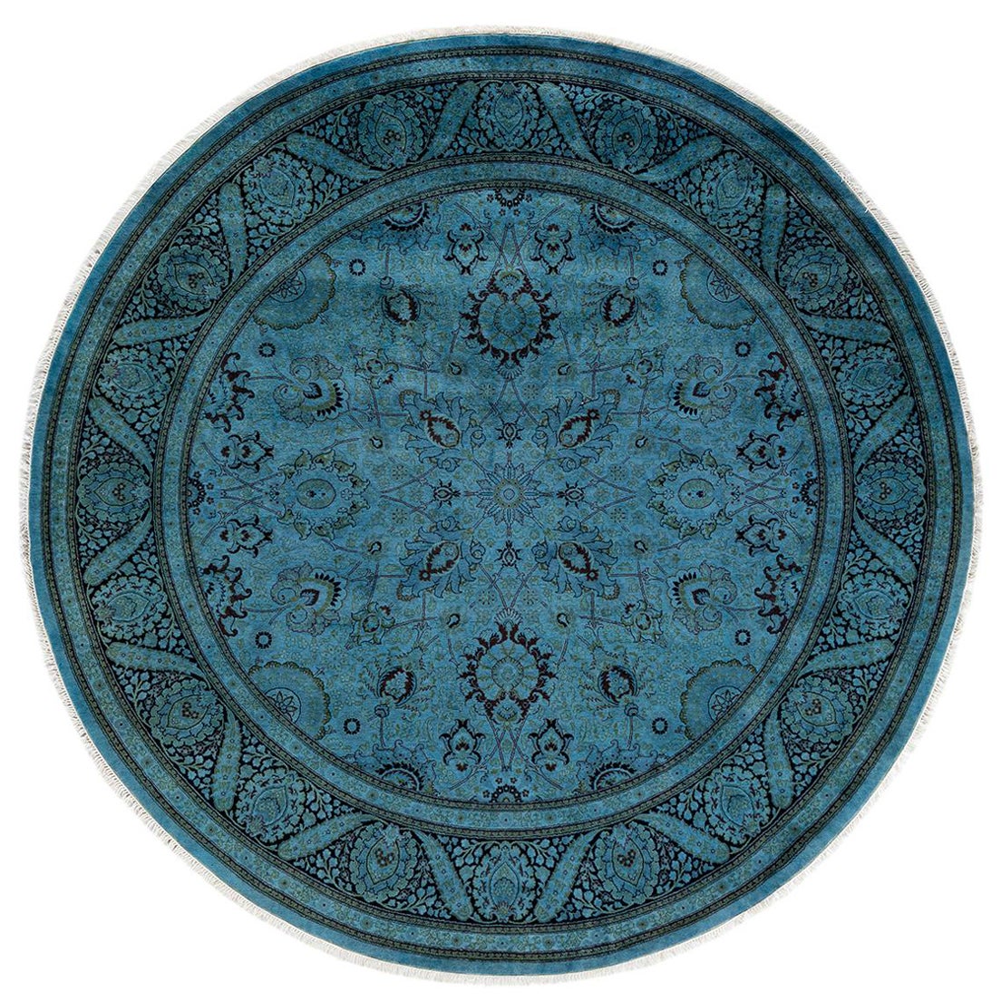 Contemporary Overdyed Hand Knotted Wool Blue Round Area Rug