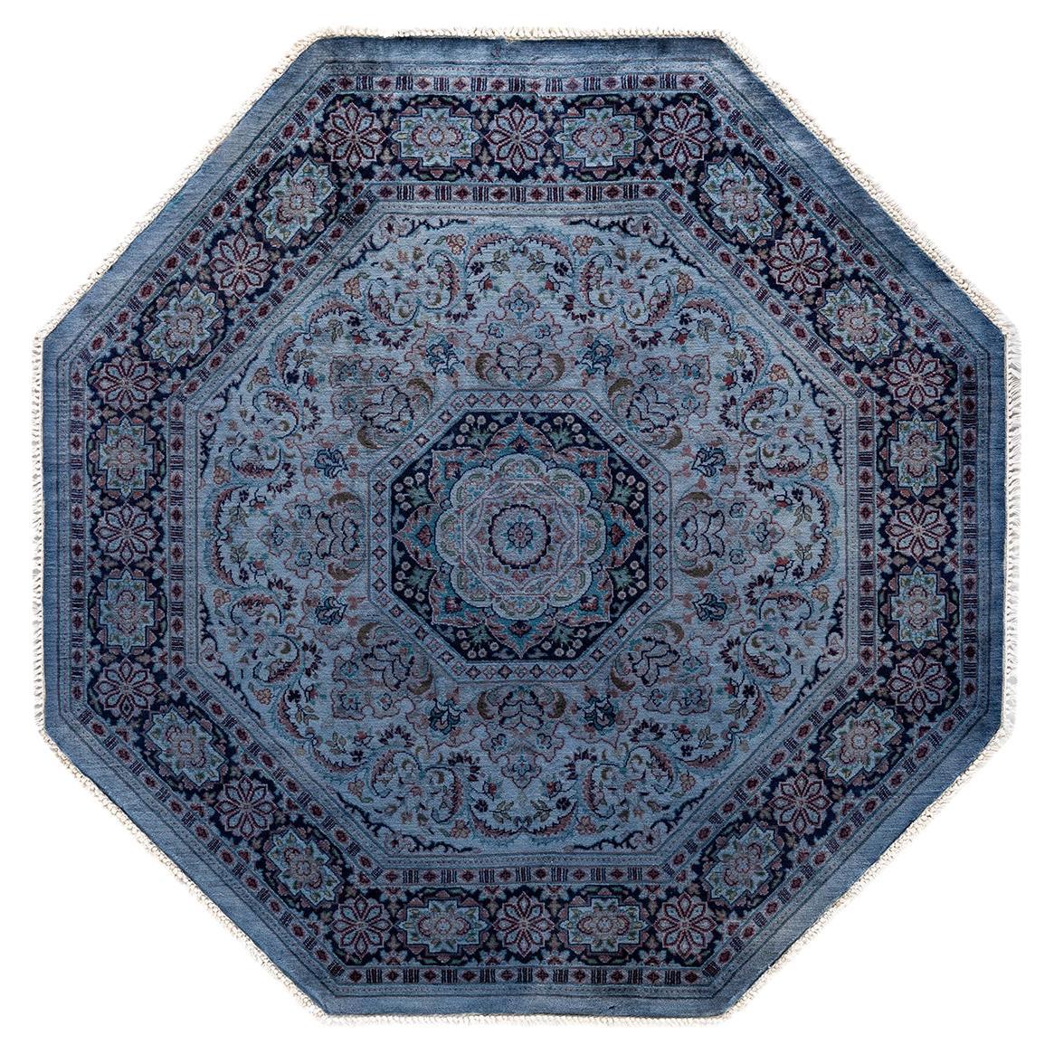 Contemporary Overdyed Hand Knotted Wool Blue Round Area Rug