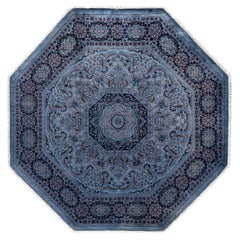 Contemporary Overdyed Hand Knotted Wool Blue Round Area Rug