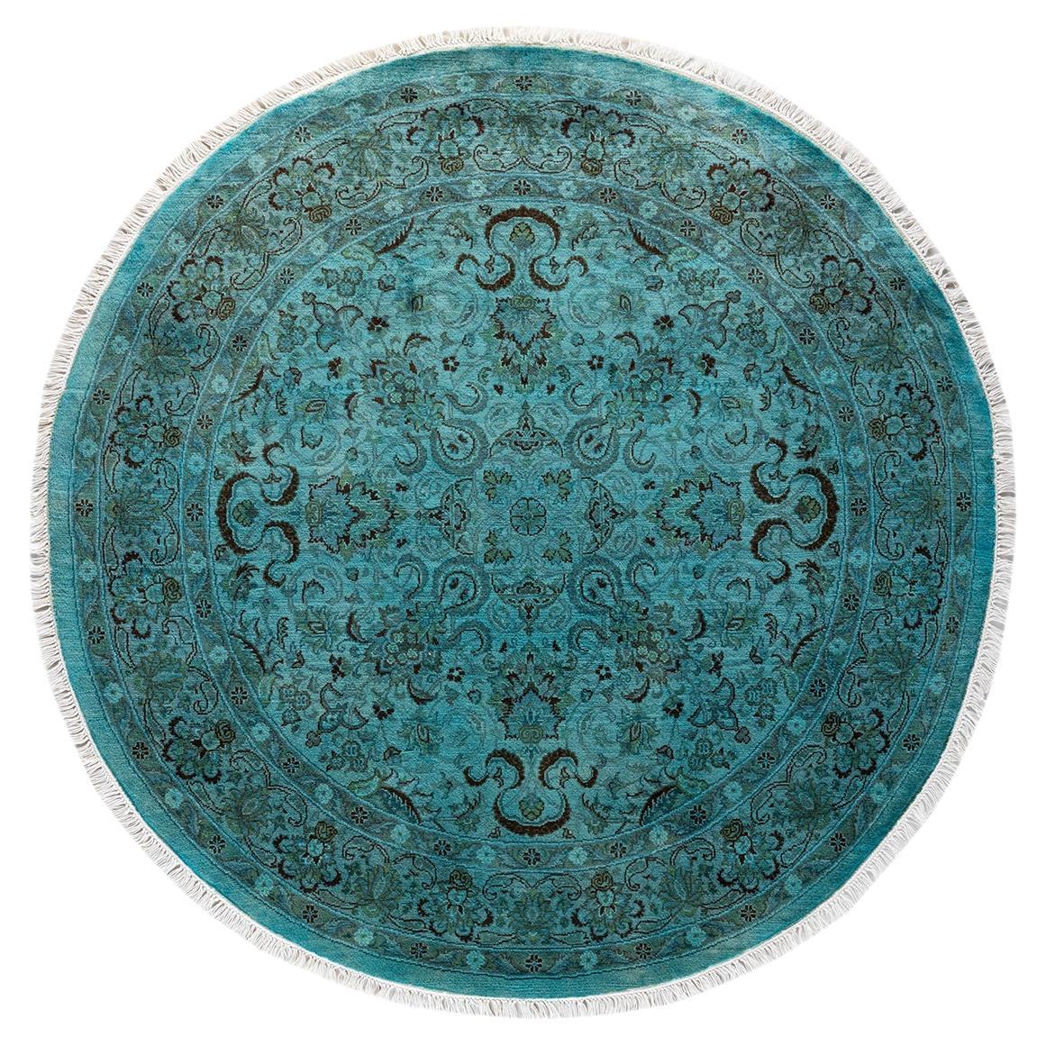 Contemporary Overdyed Hand Knotted Wool Blue Round Area Rug For Sale