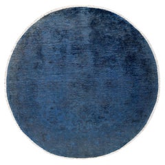 Contemporary Overdyed Hand Knotted Wool Blue Round Area Rug