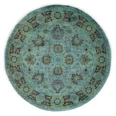 Contemporary Overdyed Hand Knotted Wool Blue Round Area Rug