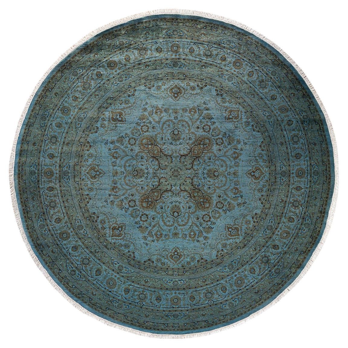 Contemporary Overdyed Hand Knotted Wool Blue Round Area Rug For Sale