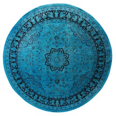 Contemporary Overdyed Hand Knotted Wool Blue Round Area Rug