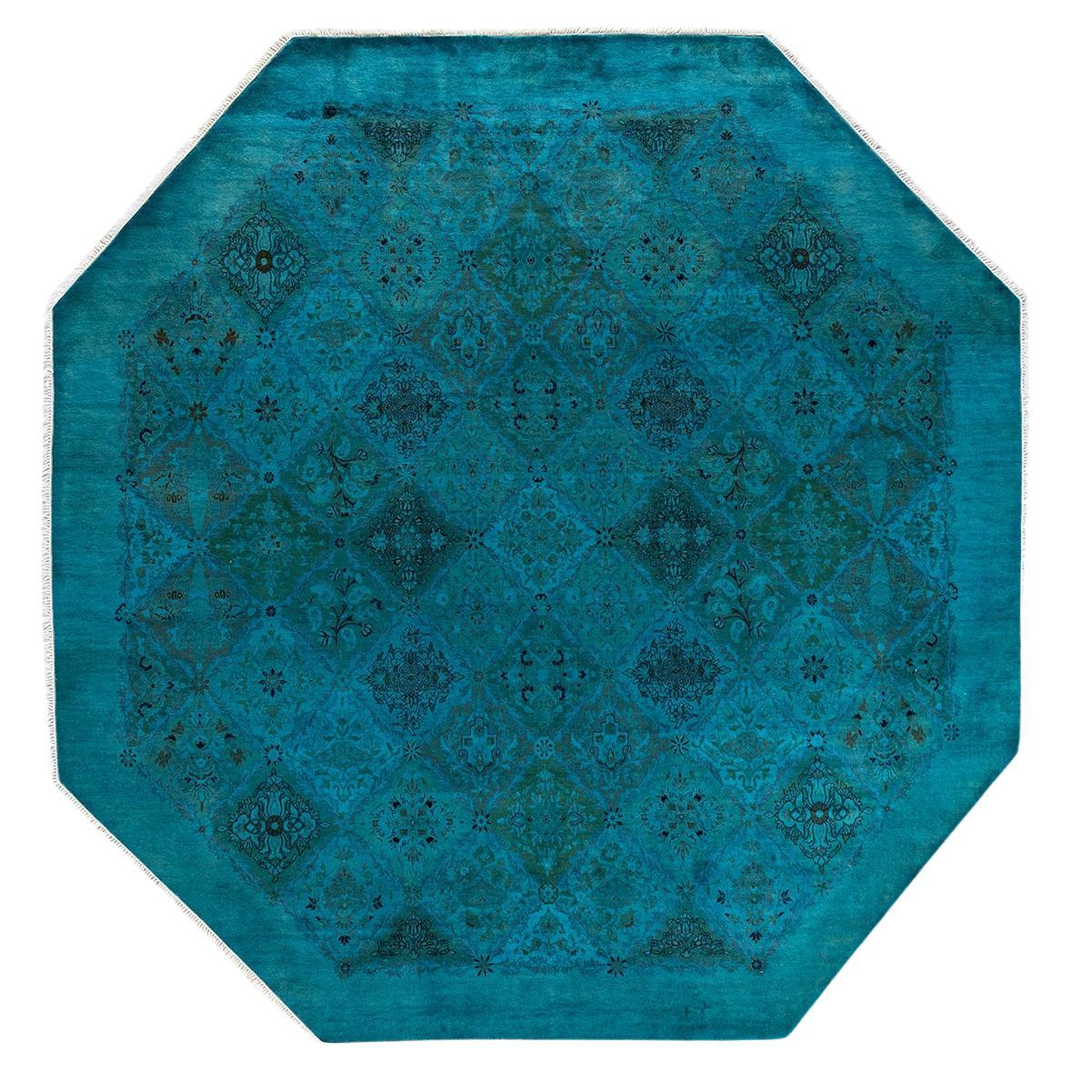 Contemporary Overdyed Hand Knotted Wool Blue Octagon Area Rug For Sale