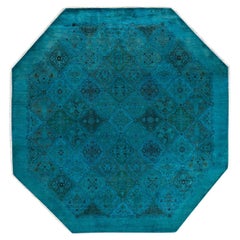 Contemporary Overdyed Hand Knotted Wool Blue Octagon Area Rug