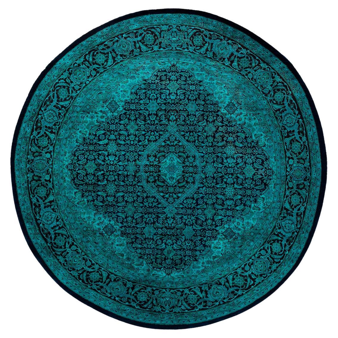 Contemporary Overdyed Hand Knotted Wool Blue Round Area Rug im Angebot