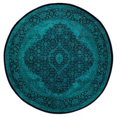 Contemporary Overdyed Hand Knotted Wool Blue Round Area Rug