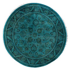 Contemporary Overdyed Hand Knotted Wool Blue Round Area Rug