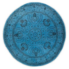 Contemporary Overdyed Hand Knotted Wool Blue Round Area Rug