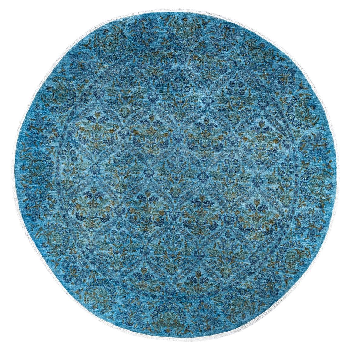 Alfombra redonda contemporánea de lana teñida a mano azul