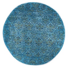 Alfombra redonda contemporánea de lana teñida a mano azul