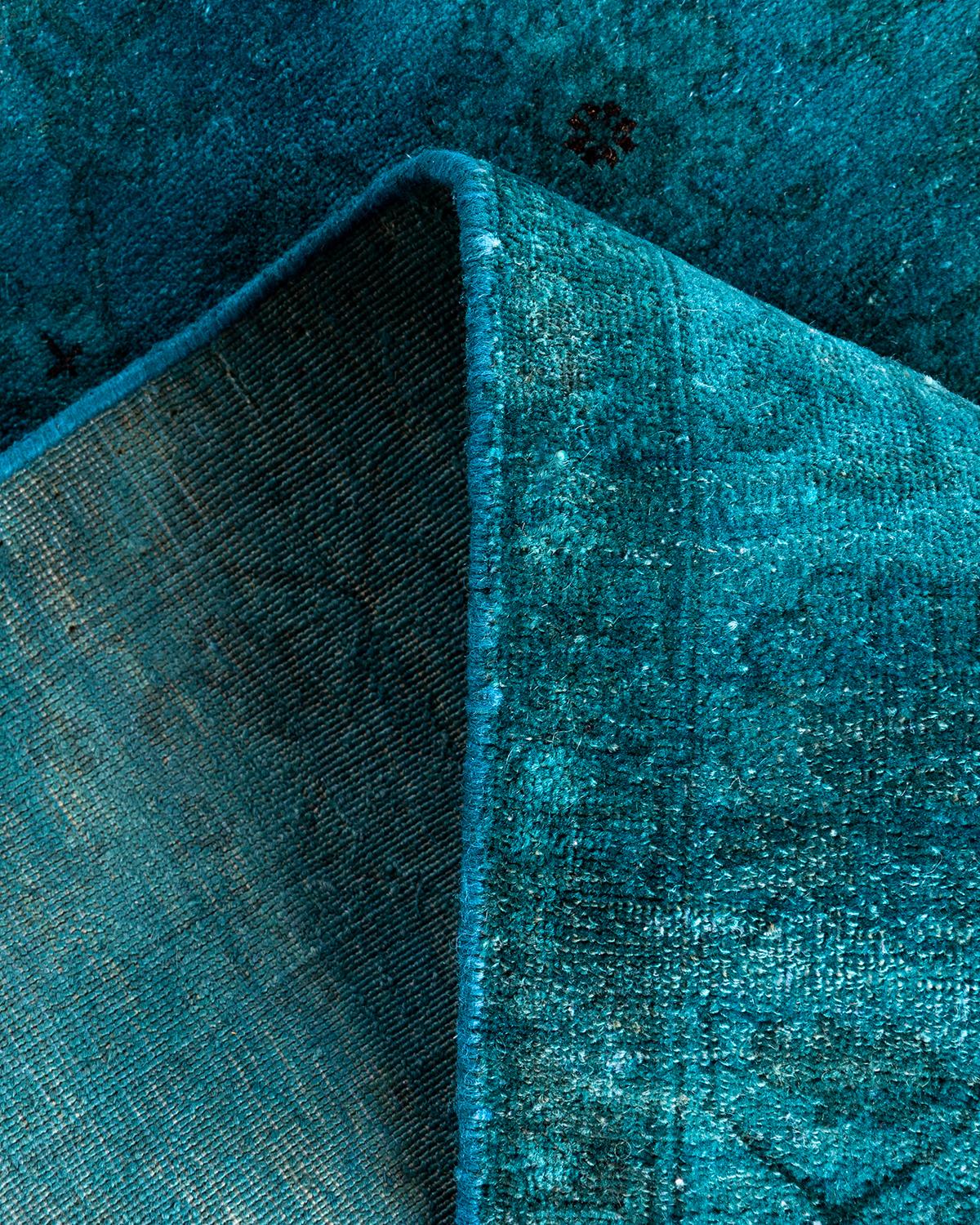 Laine Tapis de course contemporain en laine surteinte nouée à la main bleu 2' 10