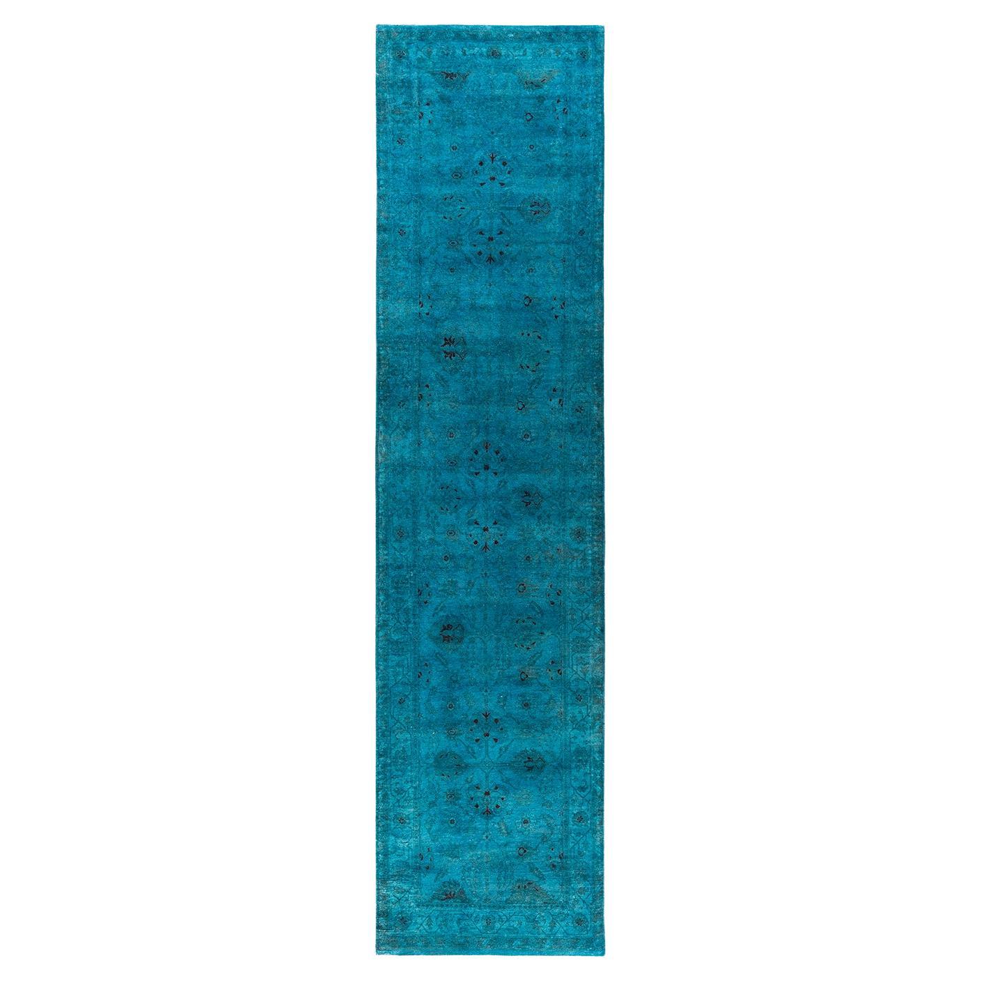 Contemporary Overdyed Hand Knotted Wool Blue Runner 2' 10" x 11' 10"