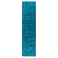 Contemporary Overdyed Hand Knotted Wool Blue Runner 2' 10" x 11' 10"
