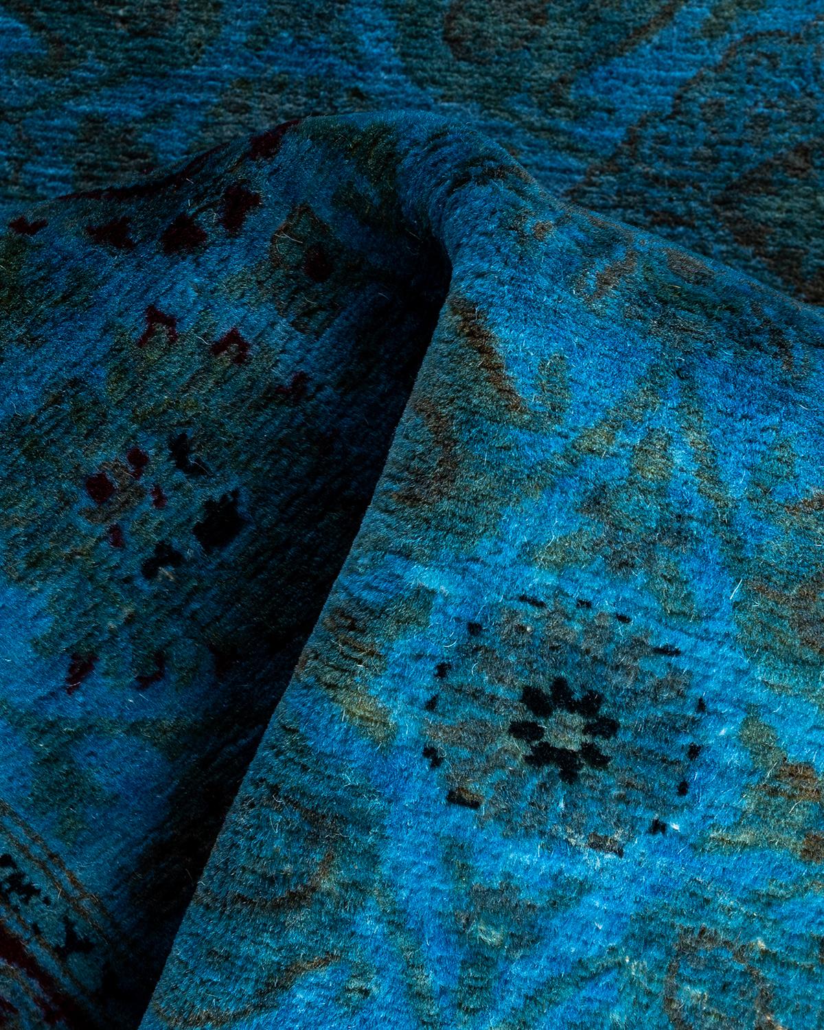 Contemporary Runner in lana blu sovratinto e annodato a mano 2' 6