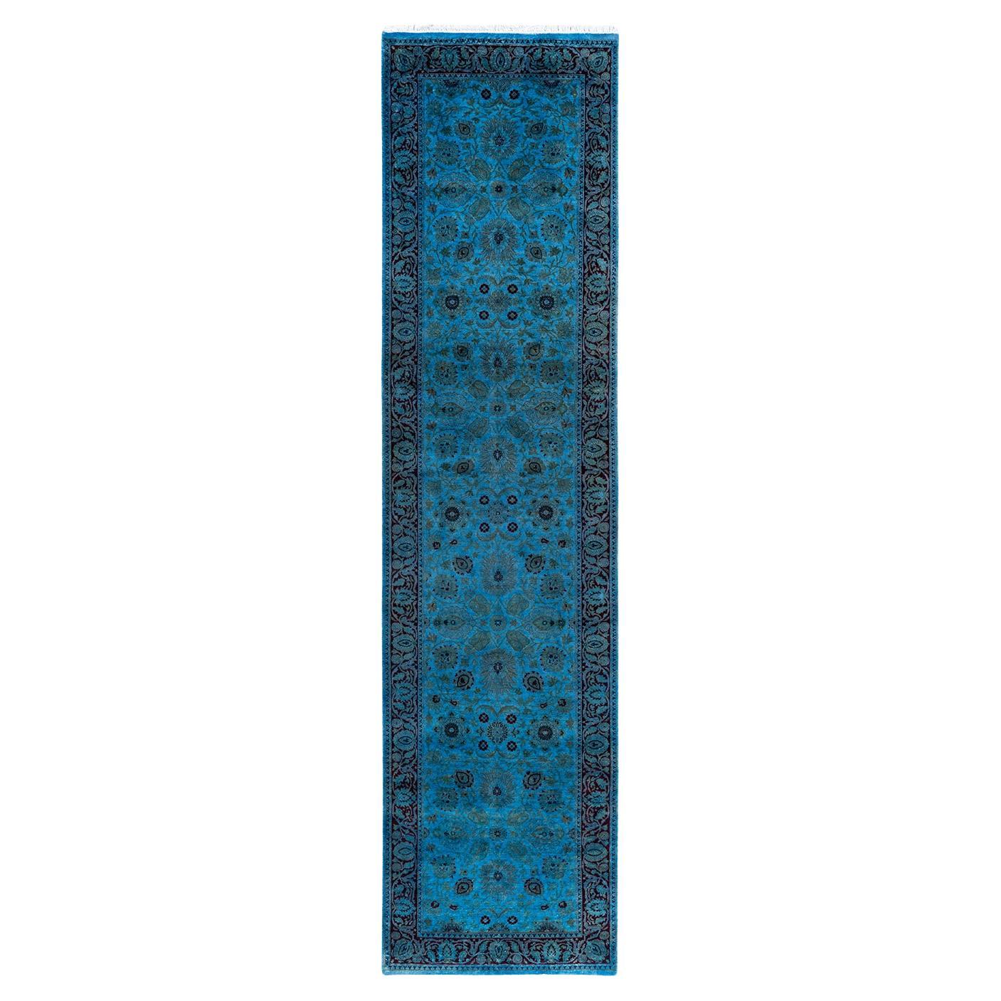 Contemporary Overdyed Hand Knotted Wool Blue Runner 2' 6" x 11' 1"