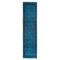Contemporary Overdyed Hand Knotted Wool Blue Runner 2' 6" x 11' 1"