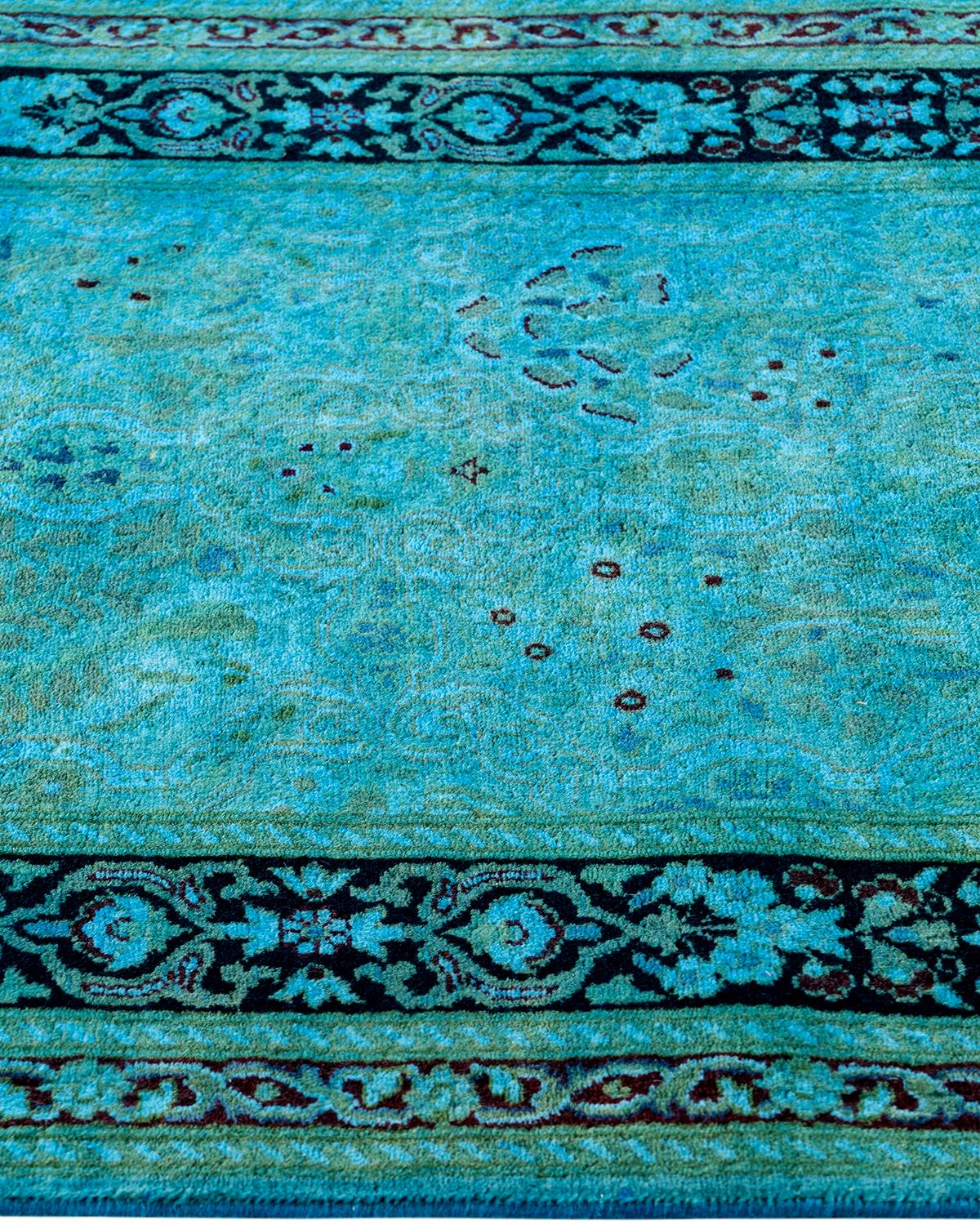 Chemin de table contemporain en laine surteinte nouée à la main bleu 2' 6