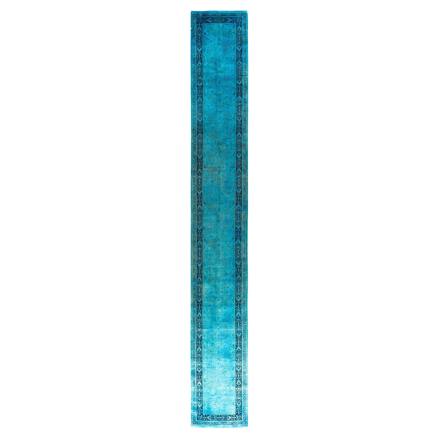 Contemporary Overdyed Hand Knotted Wool Blue Runner 2' 6" x 18' 10"