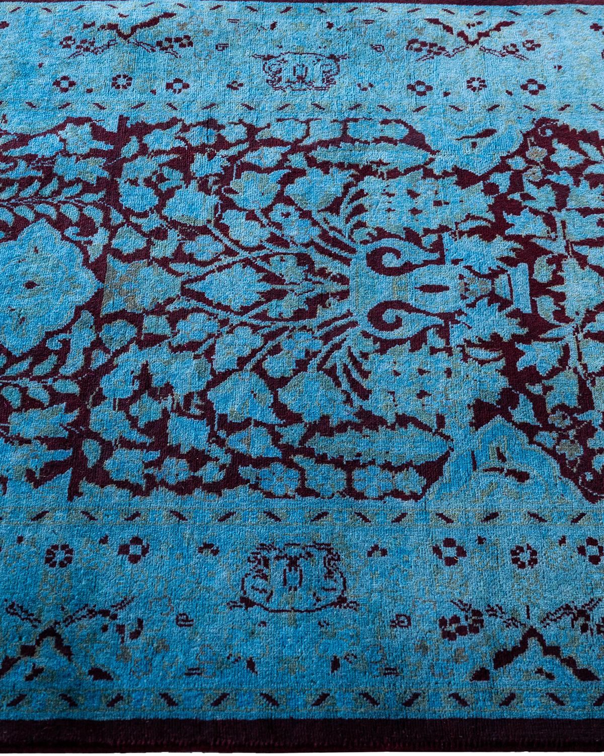 Contemporary Runner in lana blu sovratinto a mano 2' 6