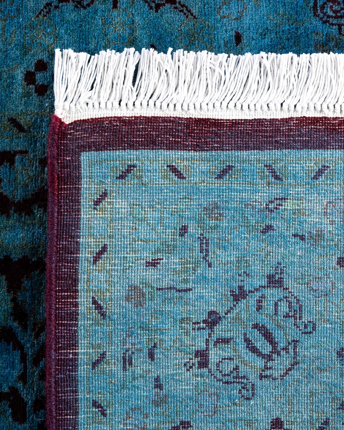 XXI secolo e contemporaneo Contemporary Runner in lana blu sovratinto a mano 2' 6